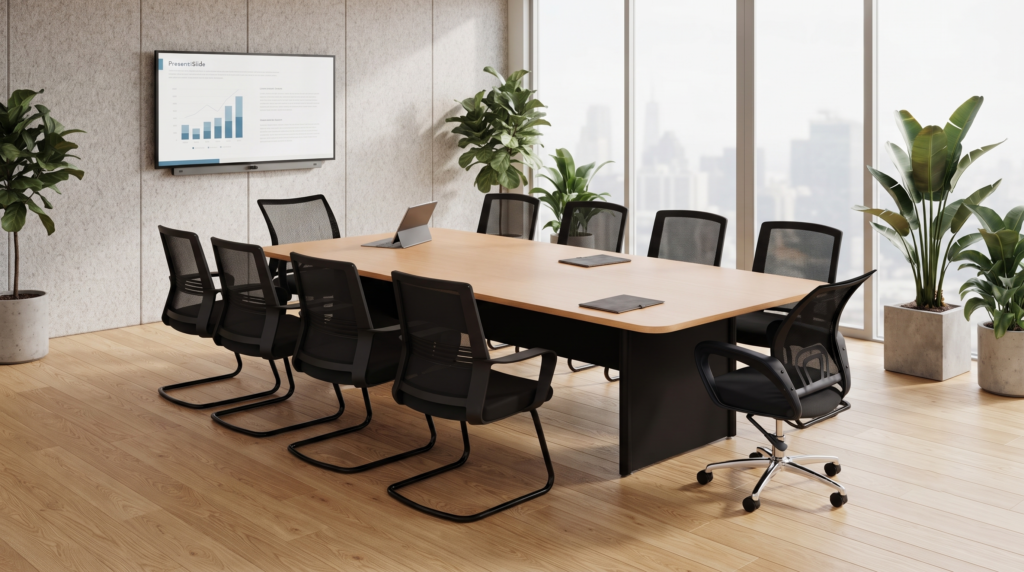 Meja meeting modern dengan ukuran ideal untuk empat hingga delapan peserta rapat di ruang meeting perusahaan.