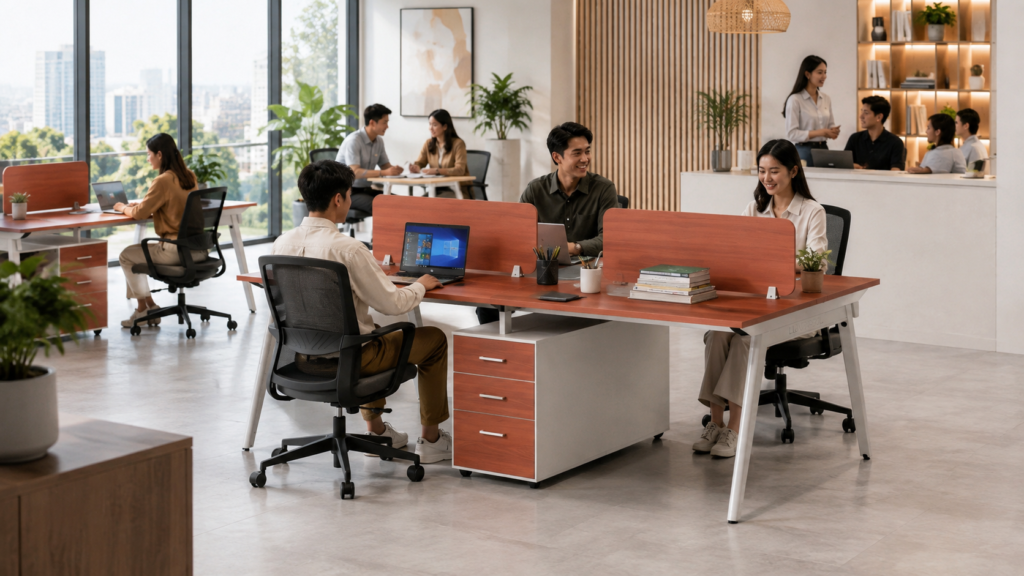Workstation modular modern dengan ukuran standar untuk ruang kerja kolaboratif di perusahaan.