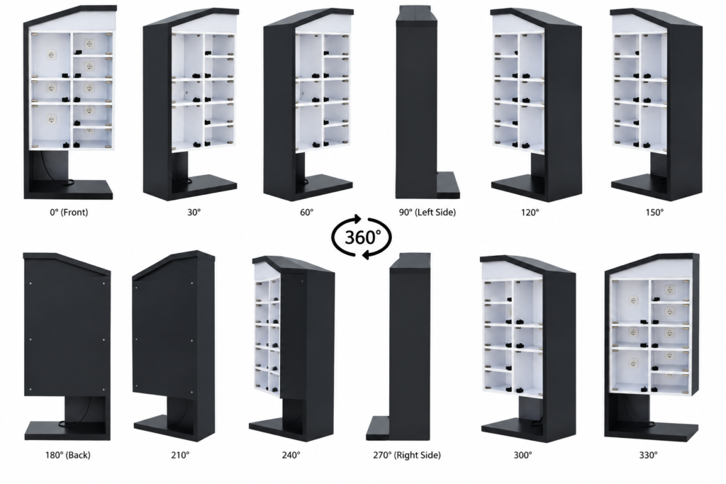 360 derajat charging station custom dengan pintu acrylic