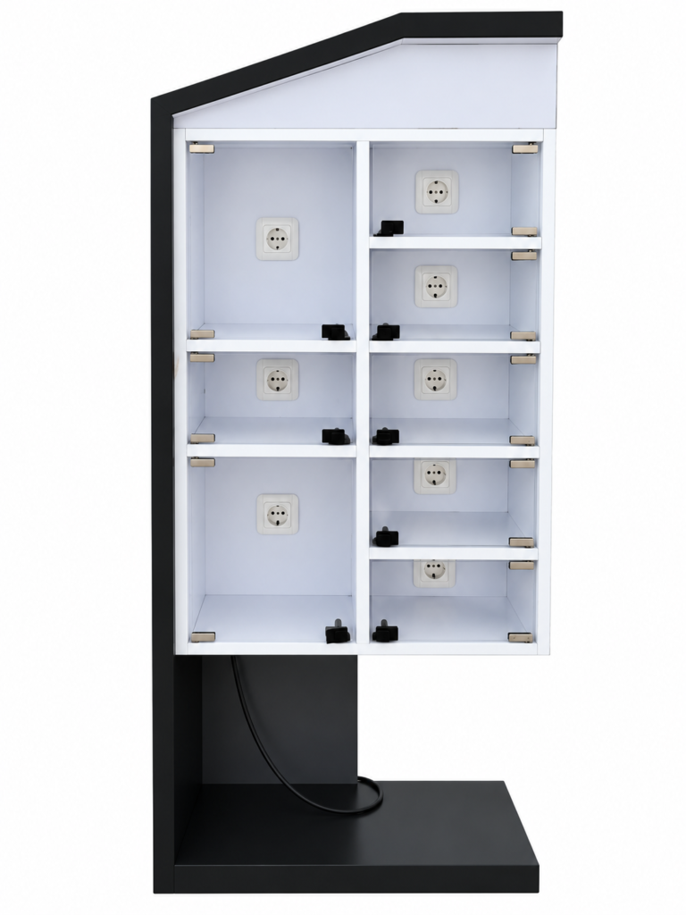 desain charging station custom dengan pintu acrylic transparan
