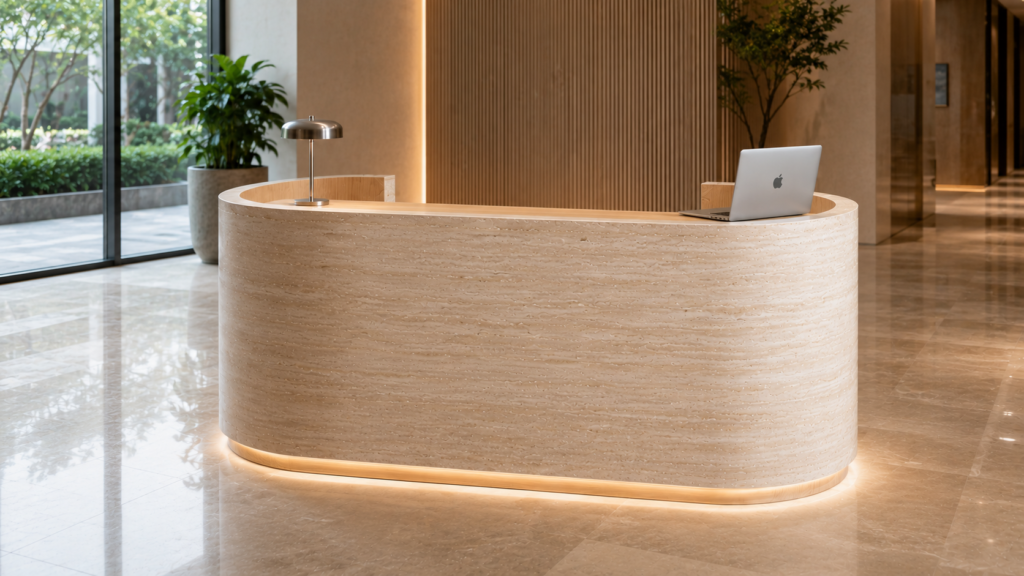 detail meja resepsionis custom dengan tampilan travertine dan lampu LED
