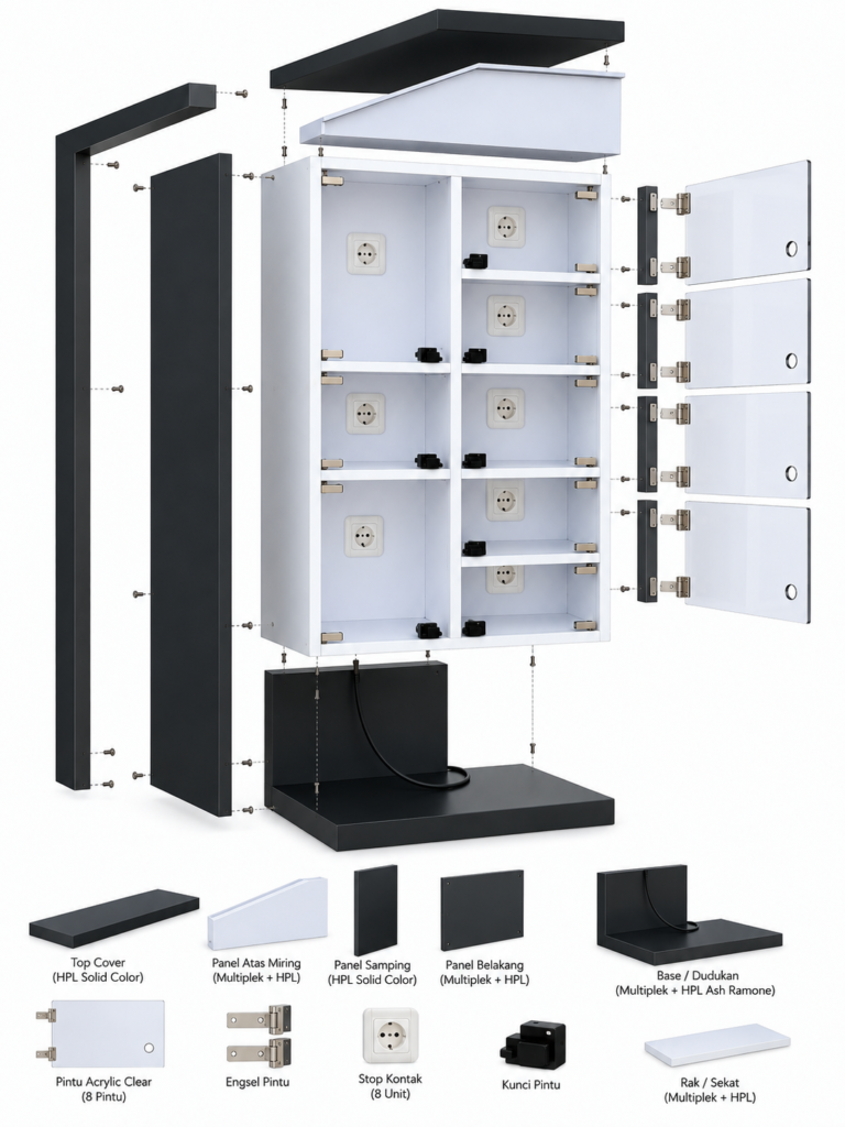exploded view charging station custom dengan kompartemen dan pintu acrylic