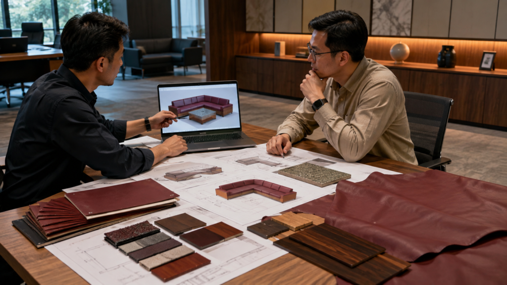 konsultasi kebutuhan sofa custom burgundy ukuran besar