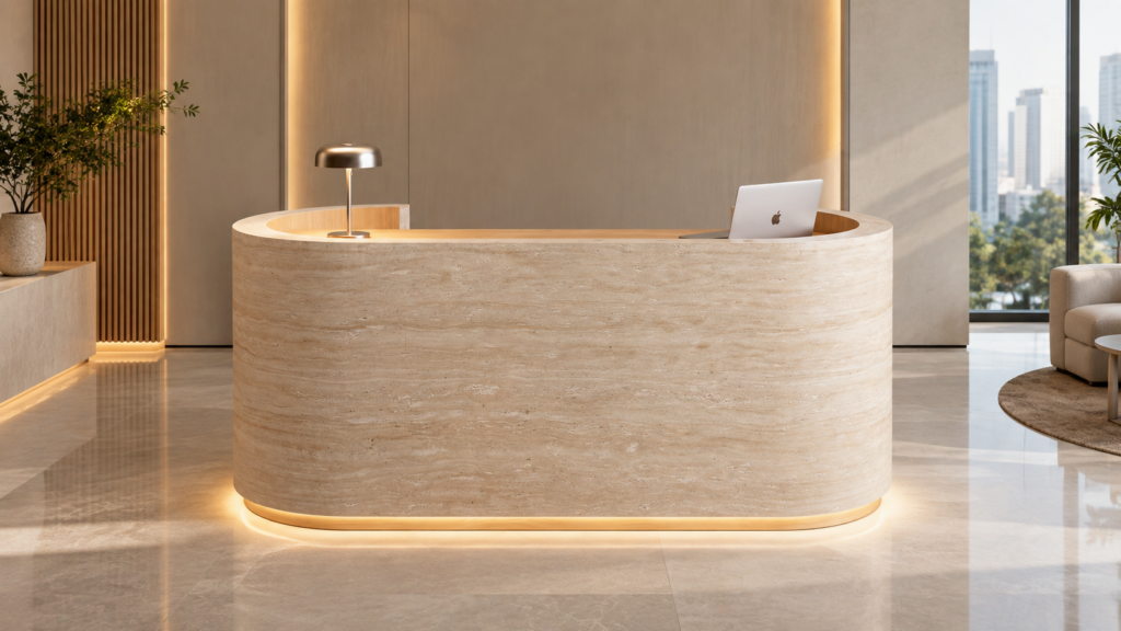 meja resepsionis custom oval selesai dipasang di kantor