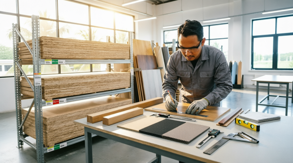 persiapan material untuk produksi furniture custom