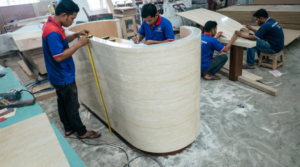 proses produksi meja resepsionis plywood dengan finishing HPL