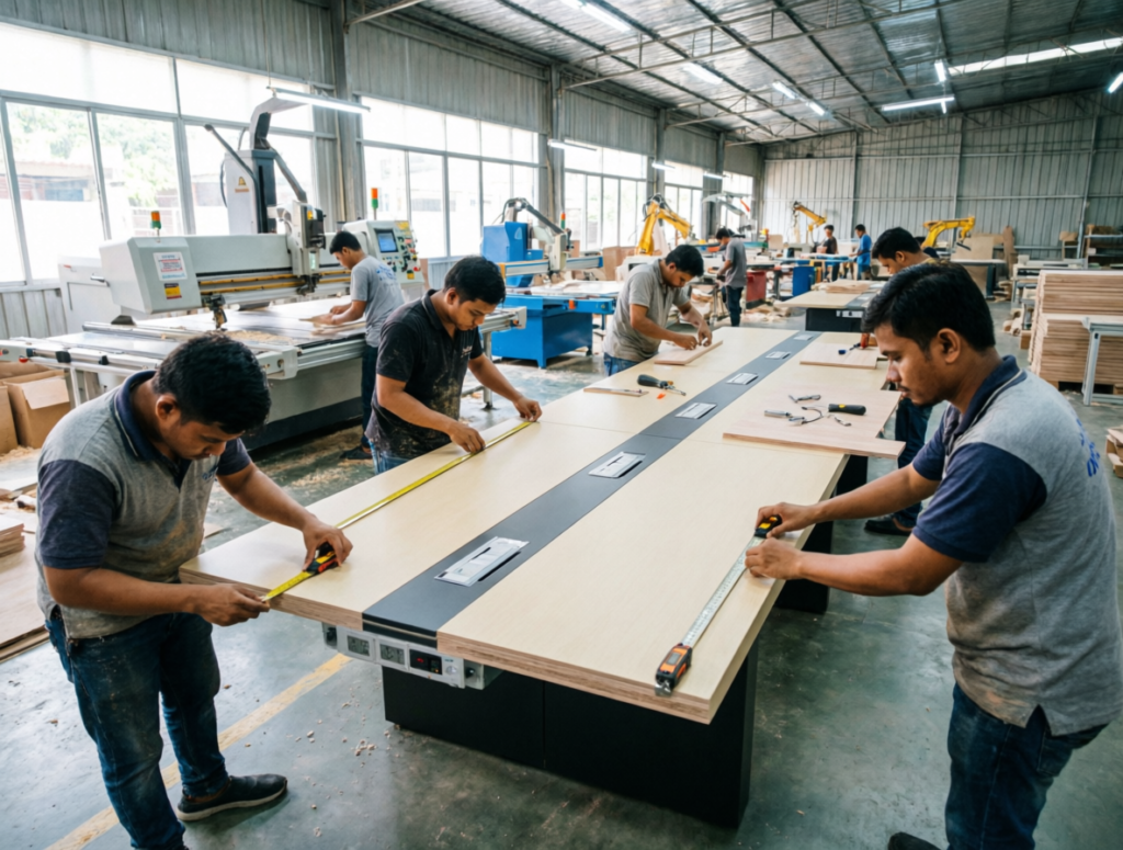 proses produksi tiga modul meja meeting plywood custom