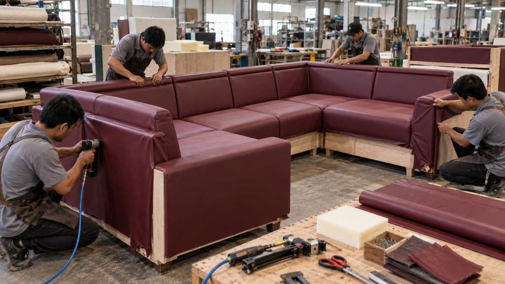 proses upholstery sofa custom dengan lapisan OSCAR Premium burgundy