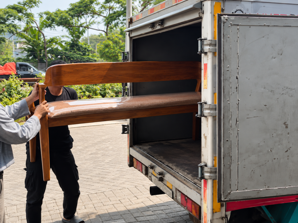 Set kursi dan meja kayu jati custom yang dimuat ke kendaraan untuk pengiriman