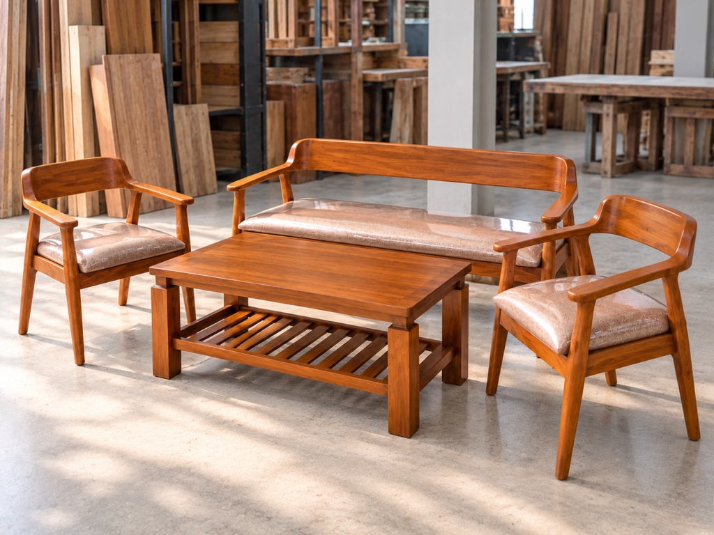 Set kursi kayu jati custom dengan finishing varnish dan dudukan berlapis di area persiapan sebelum pengiriman