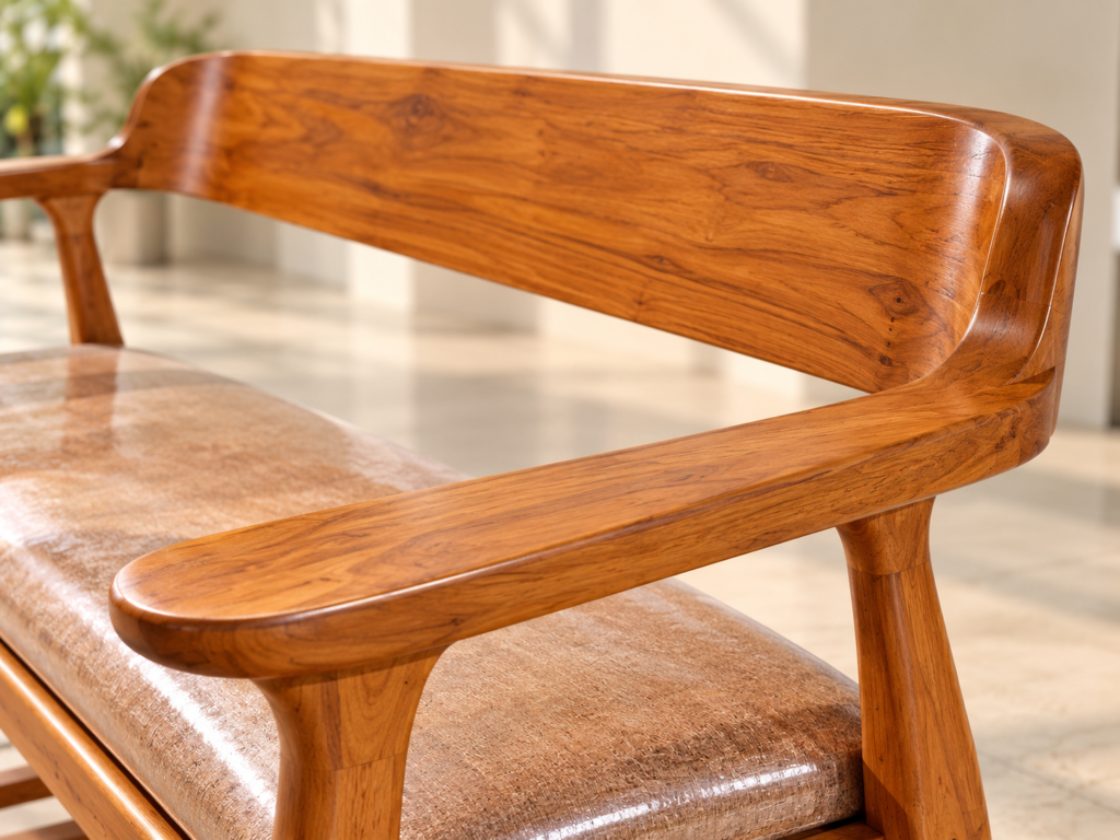 Detail serat kayu jati dan finishing varnish cokelat pada sandaran serta lengan kursi