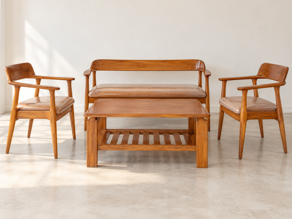 Set furniture kayu jati berisi bangku, kursi berlengan, dan meja dengan rak bawah