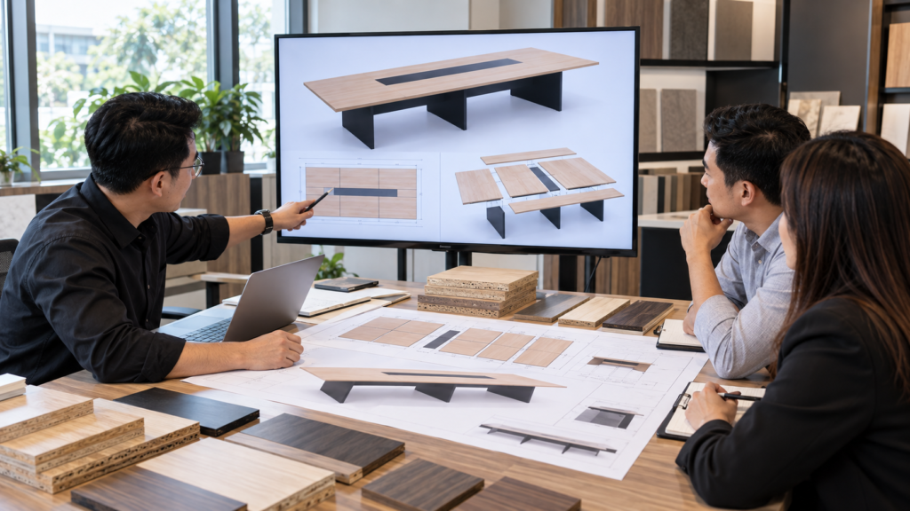 desain empat modul meja meeting custom 360 x 180 x 75 cm