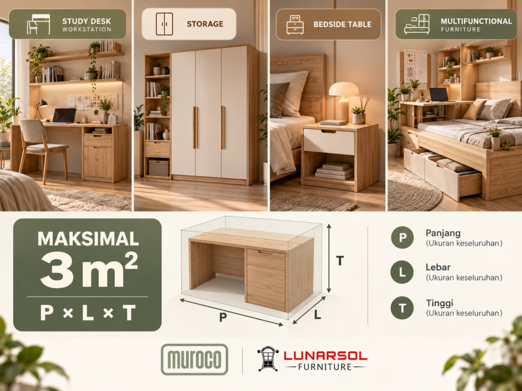 Kategori workstation, storage, bedside table, dan furniture multifungsi dengan batas ukuran maksimal 3 m²