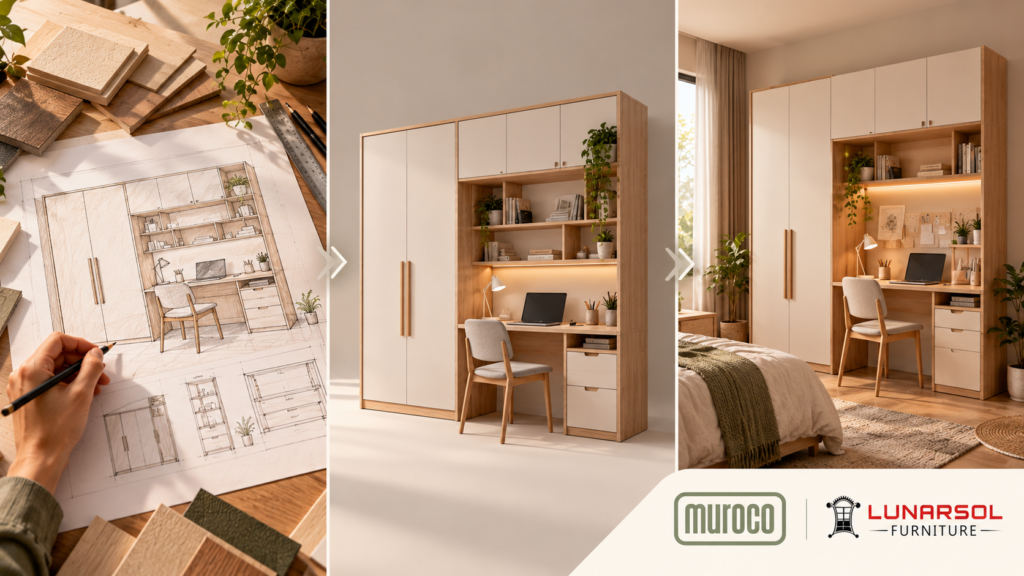 Ilustrasi proses pengembangan desain furniture dari sketsa dan visualisasi 3D menjadi produk nyata