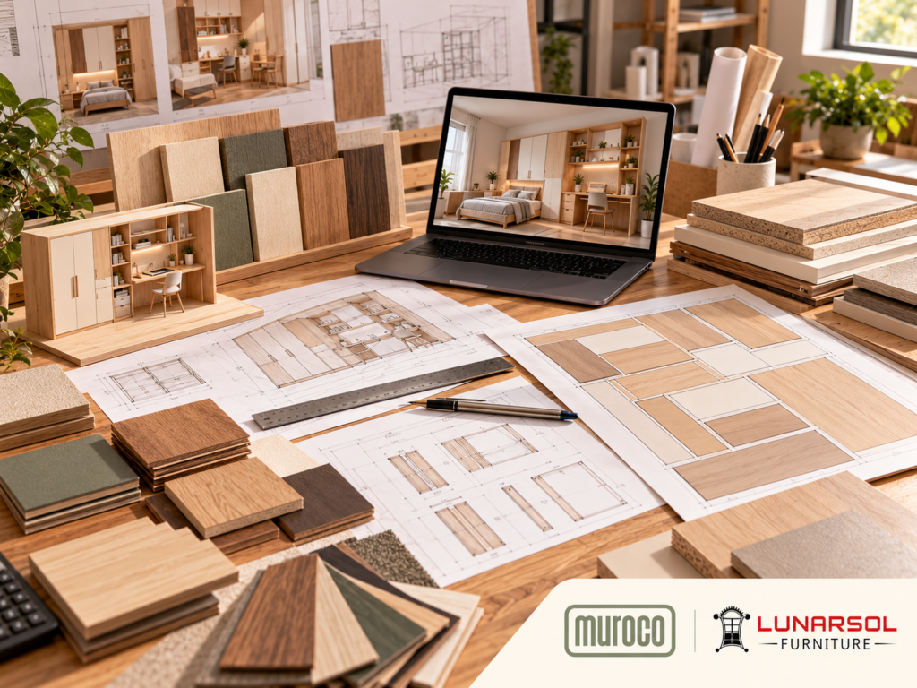 Ilustrasi panel furniture, sampel material, gambar teknis, dan perencanaan pemotongan komponen