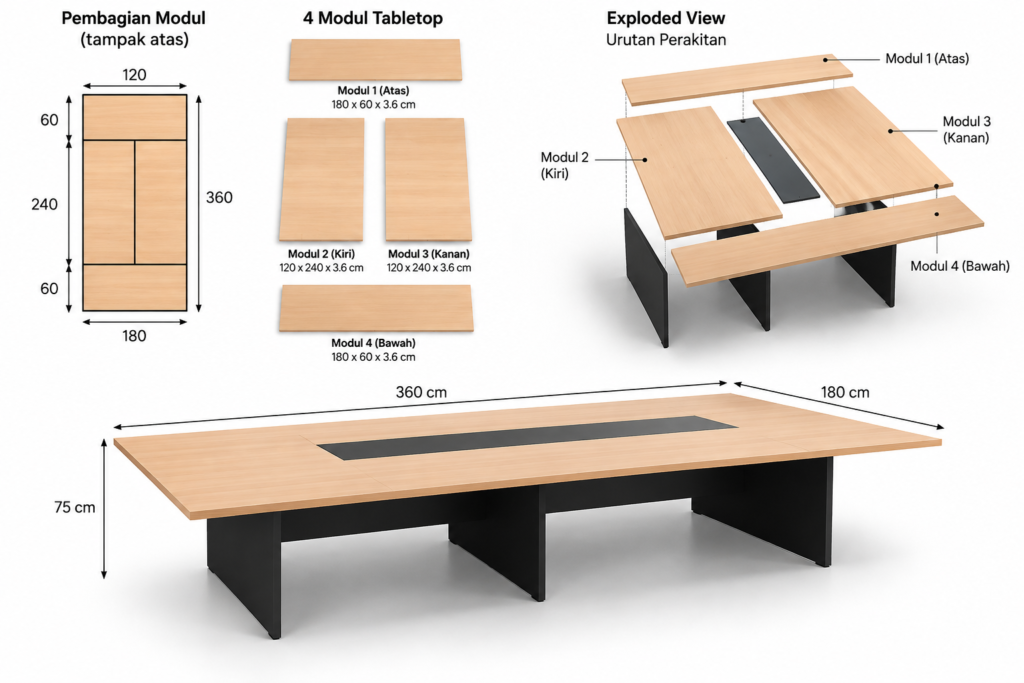 pembagian empat modul meja meeting custom 360 x 180 cm