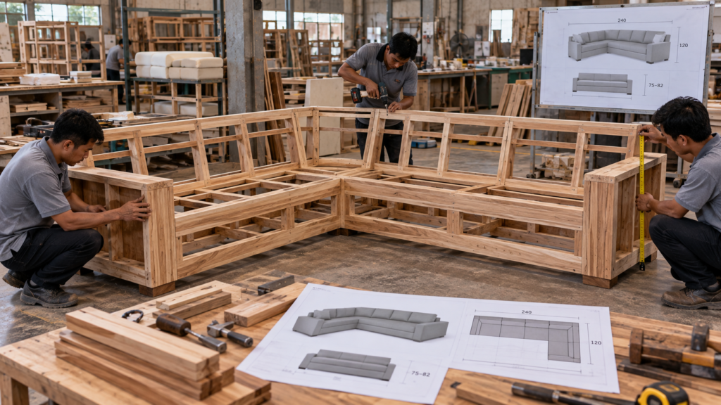 produksi struktur kayu jati untuk sofa L custom