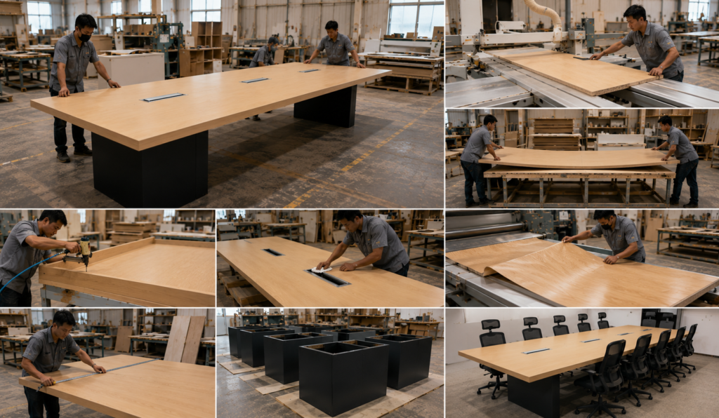 proses produksi meja meeting plywood finishing HPL