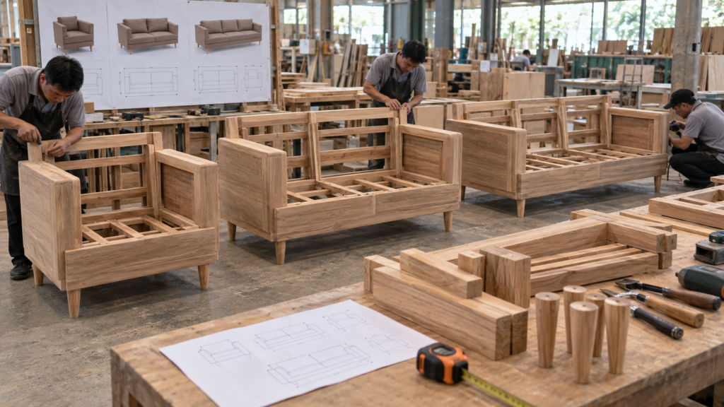 proses produksi rangka sofa custom kayu jati