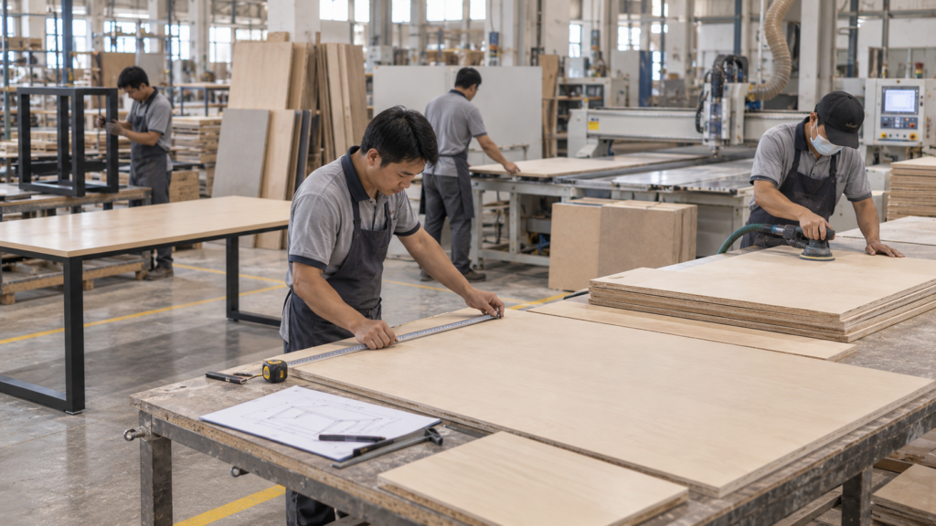 proses produksi top table plywood meja meeting custom