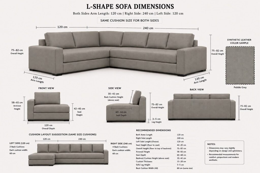 dimensi sofa L custom 240 x 120 cm dengan spesifikasi sofa